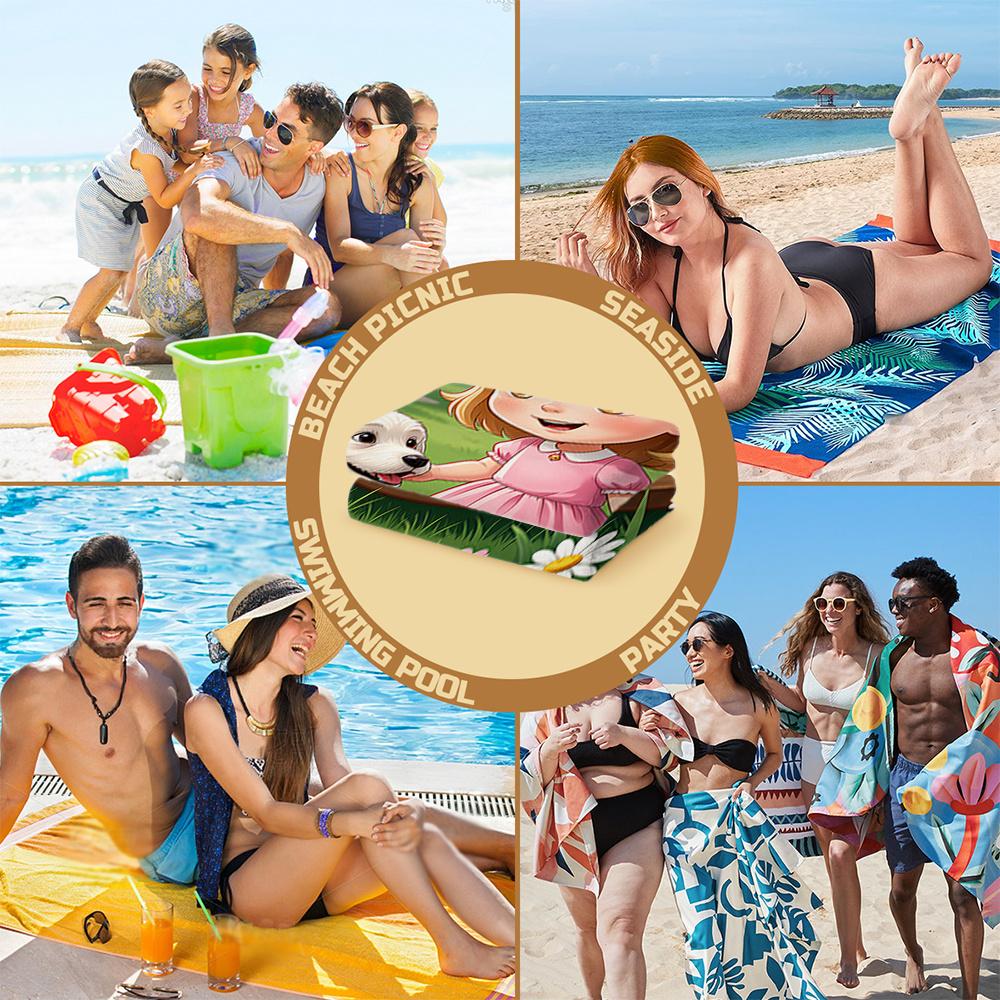 Cute Girl And Dog Beach Towel - Cartoon Picnic Scene With Flowers, Soft Microfiber, Quick Dry, Multiple Sizes