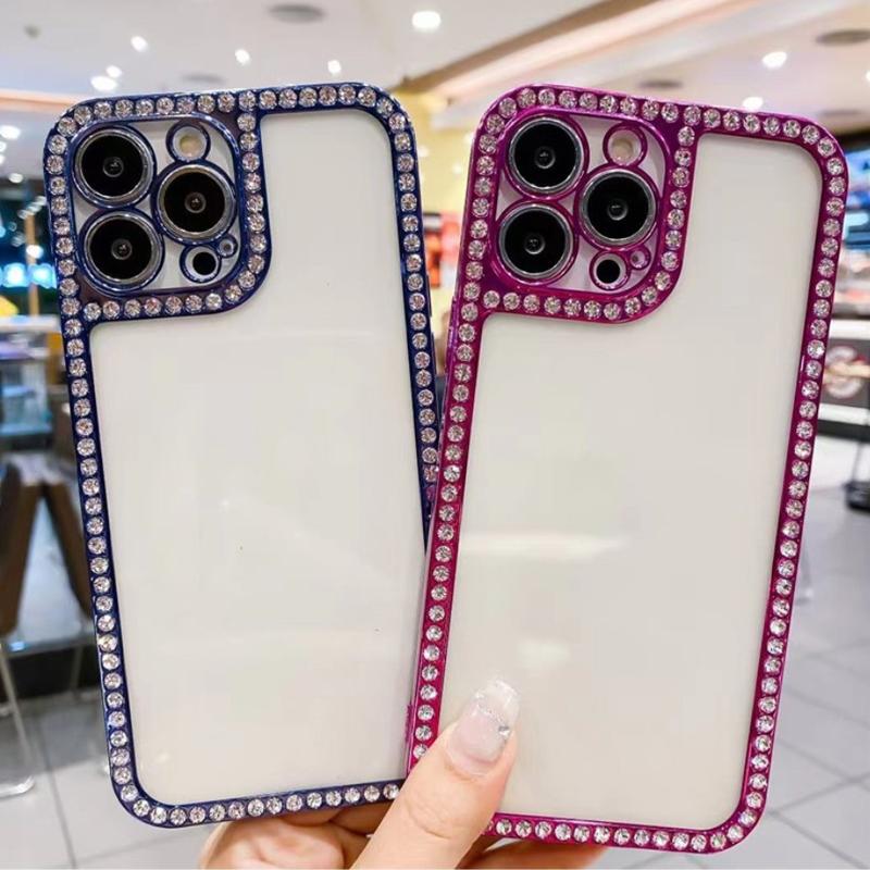 Rhinestone Decor Clear Phone Case, Bumper Clear Protective Cases Glitter Sparkle Bling Case for iPhone 14 15 Pro Max For iPhone 13 Mini синий