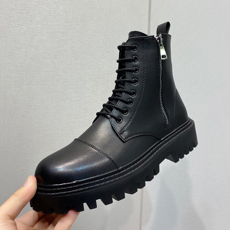 Autumn Winter High Top Men's Black Boots Lace-Up Round Toe Leisure All-match Men's Casual Leather Shoes Non-slip Trend Rubber