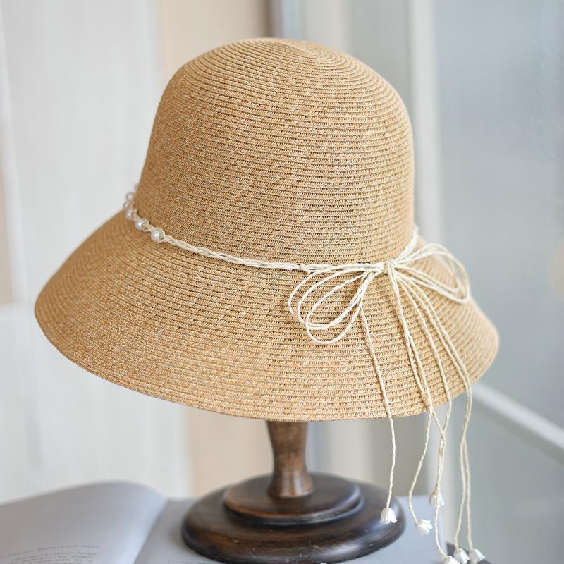 French Pearl Straw Rope Bow Holiday Bucket Hat Elegant Versatile Beach Sun Protection Folding Hat Summer