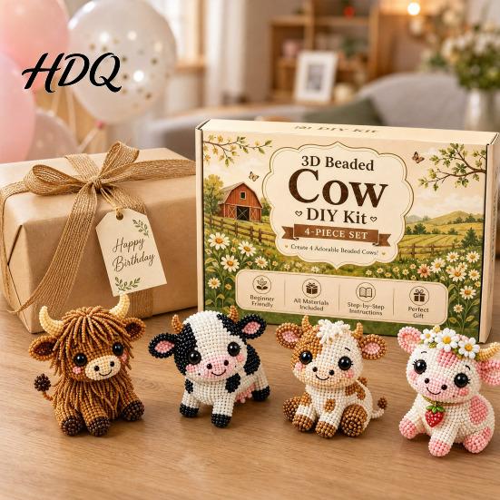 Beaded Dog Figurines 3D Craft Kit DIY Handmade Bead Art Set Cute Miniature Sculpture Cows Birds Mushrooms Beadwork Kit for Beginners Enthusiasts