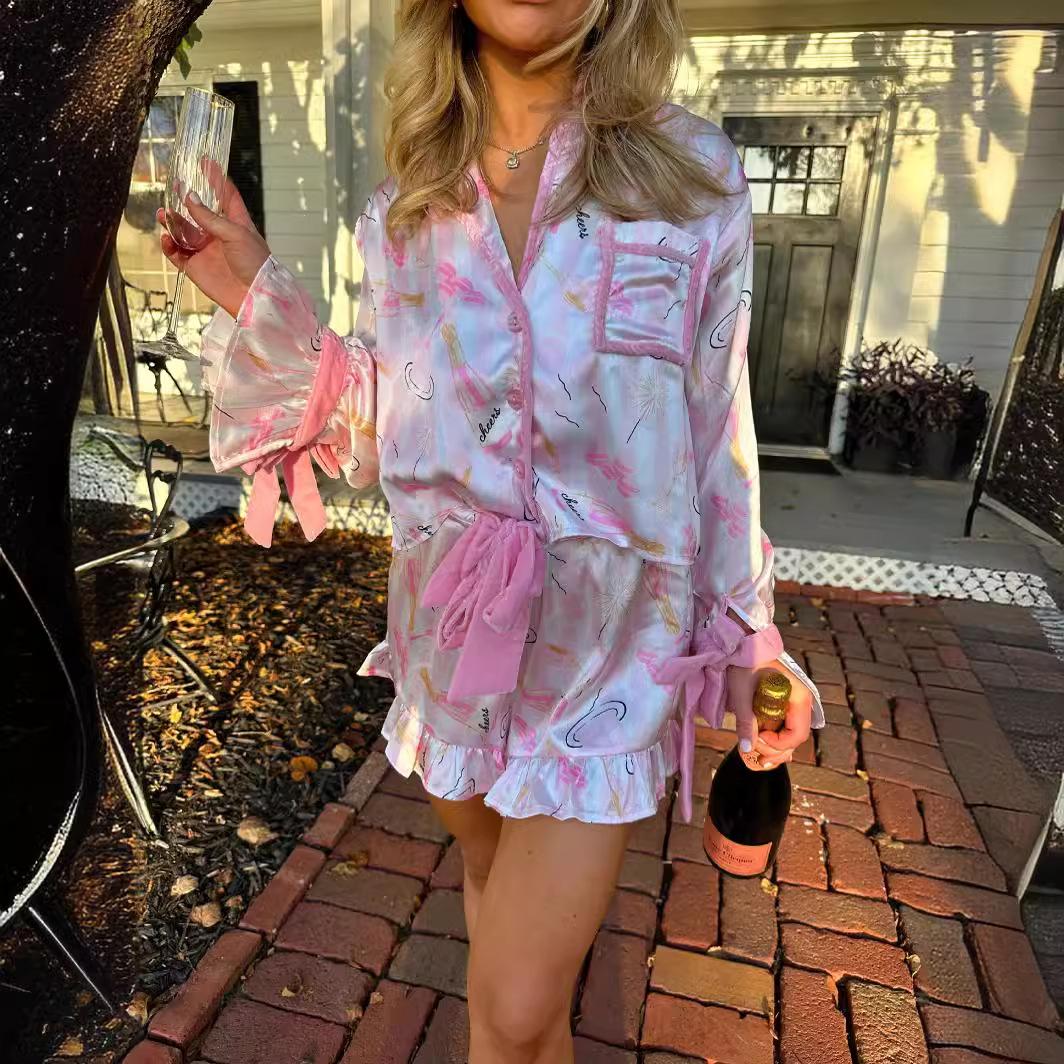 

IHUASU весенне-осенние атласные пижамы из двух комплектов для отдыха, домашняя одежда для женщин XL розовый