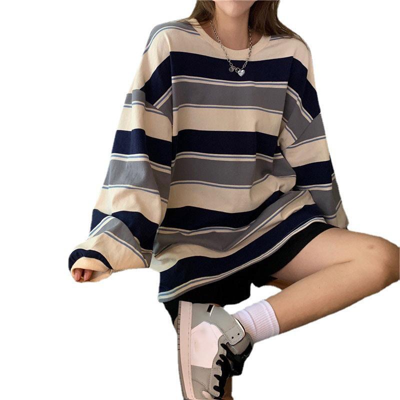 Camiseta holgada a rayas de estilo universitario para mujer, camiseta holgada de manga larga coreana, Top sencillo y ajustado para mujer de otoño