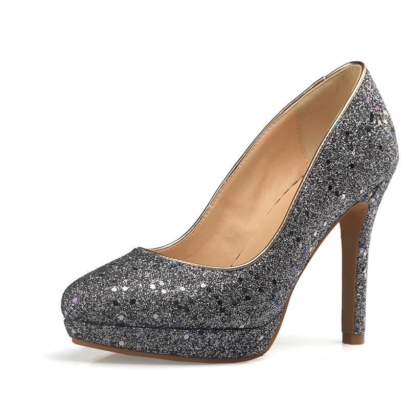 Women's High-heeled Single Shoes Fashion Sequined Banquet Wedding Shoes Waterproof Table Fine Heel Shallow Mouth Large Size Four-season Shoes