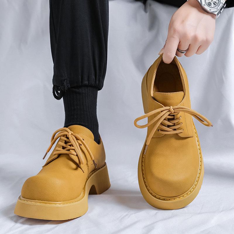 Heightening Paris Big Head Leather Shoes Men's Couple Derby Retro High Street Handsome Thick-soled Yellow Ins Leather Shoes 9522-R