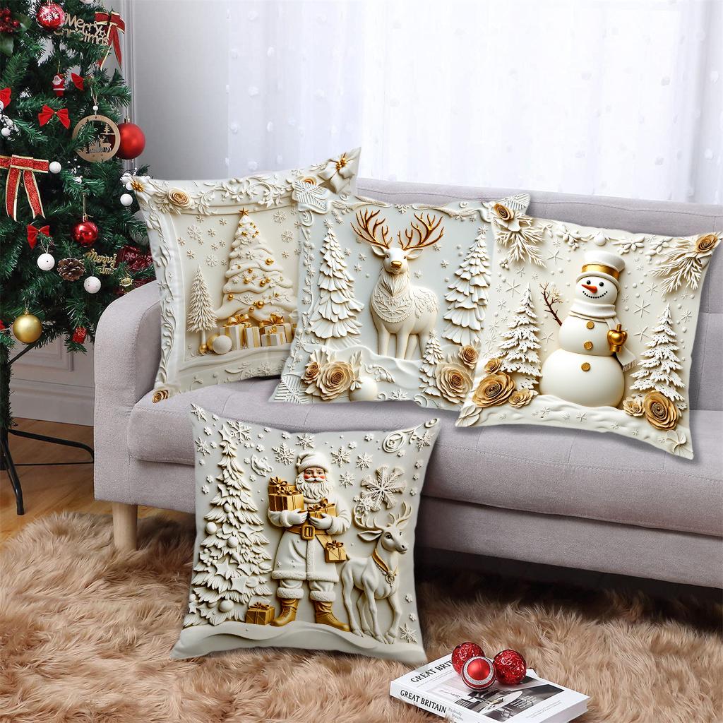Goldener weihnachtlicher Kurzplüsch-Kissenbezug mit Schneemann-, Rentier- und Baum-Design - Festliche Heimdeko-Kissenhülle