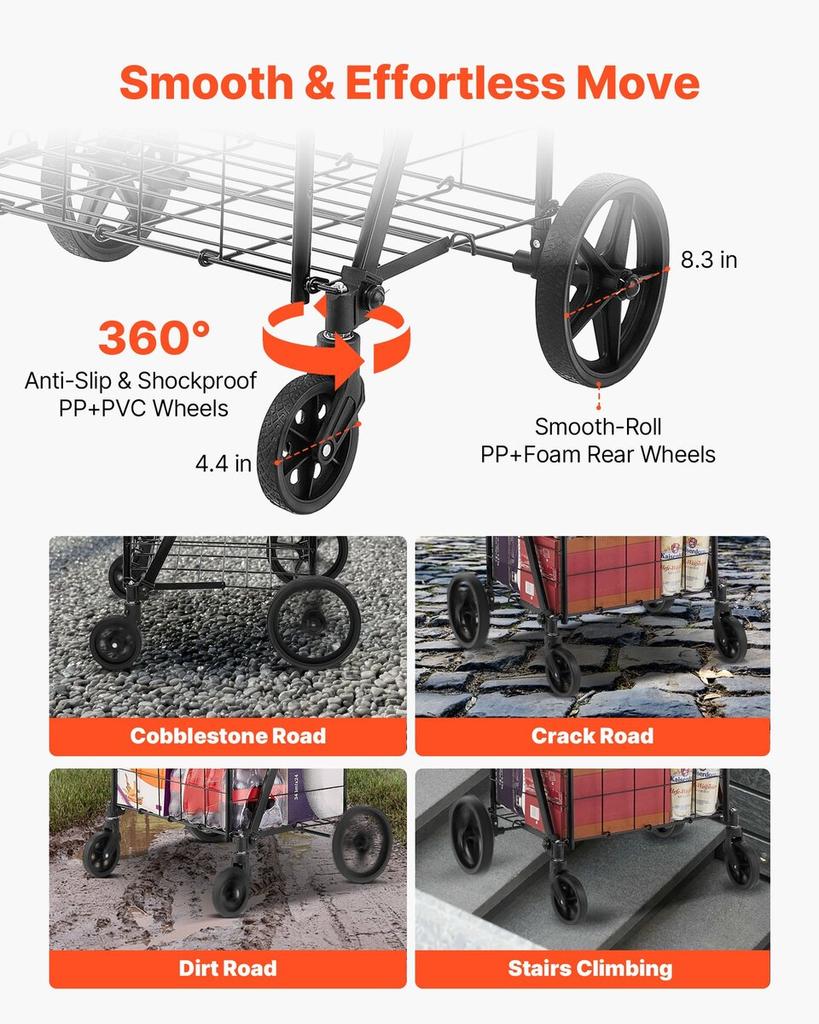 Folding Shopping Cart, Jumbo Grocery Cart with Double Baskets, 360° Swivel Wheels, Heavy Duty Utility Cart, 110 LBS Large Capacity Utility Cart for