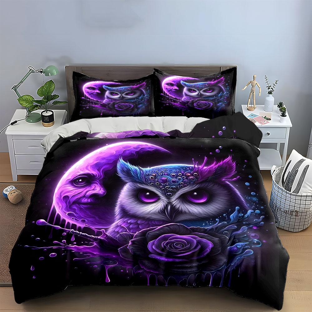 Mystical Owl and Moon Art Bedding Duvet Cover Set (1*Duvet Cover 2*Pillowcases, Without Duvet Insert)