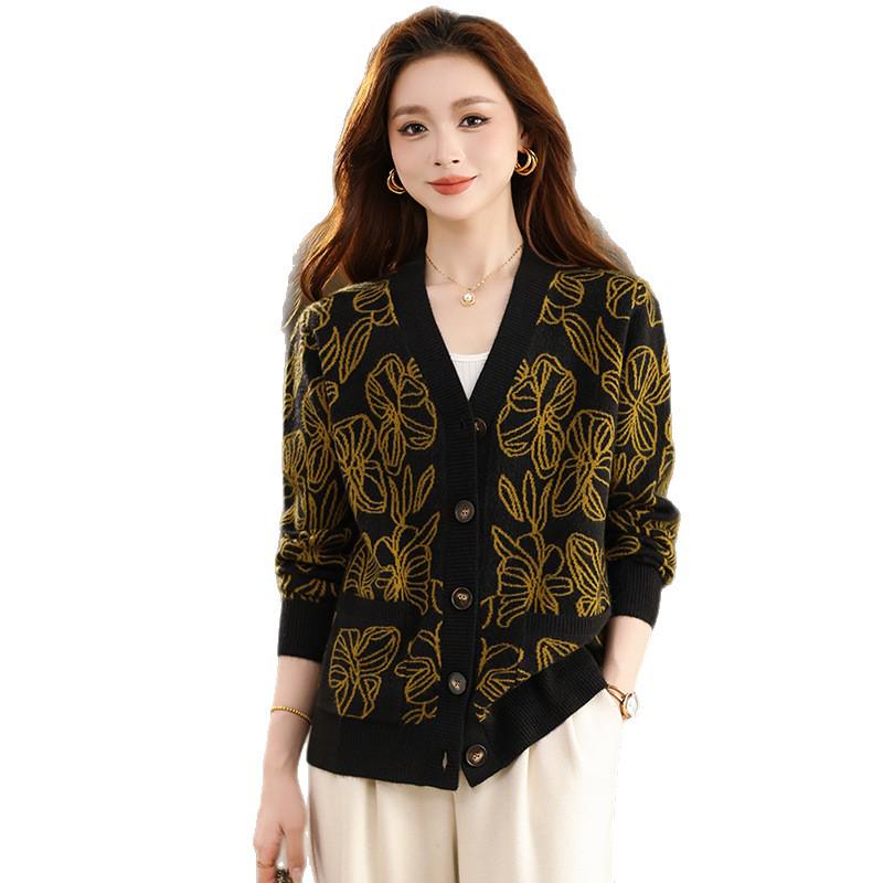 2025 Women's Spring & Autumn Jacquard Knit Cardigan: Casual Loose Sweater Coat