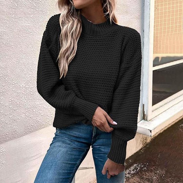 Women Warm Knitted Sweater Round Neck Pullover Jumpers Long Sleeve High Collar Knit Sweaters Tops Outerwear