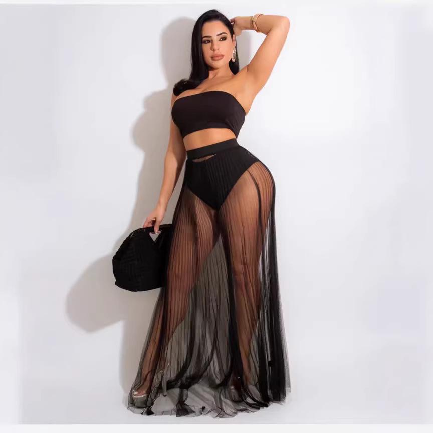

European & American Style Sexy Mesh Pleated Skirt & Bandeau Swimsuit Set with Removable Padding Small чорний