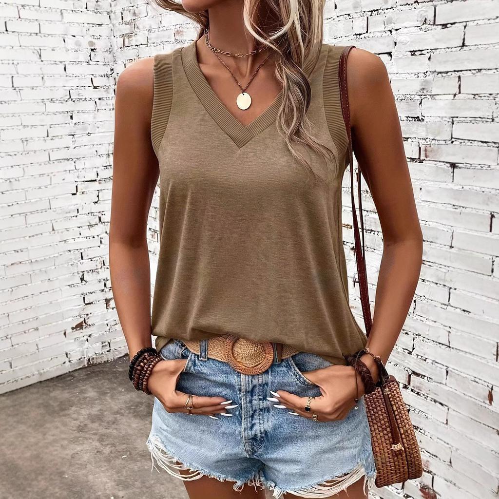 Summer Women's Casual Solid Color V-Neck Sleeveless Vest Women's Top