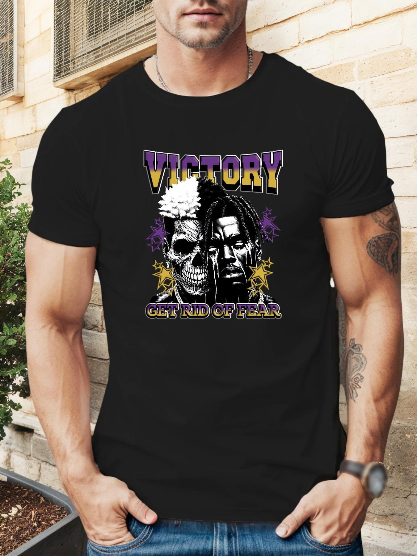 Victory Skull Graphic T-shirt - Black & White Design with Bold Lettering S