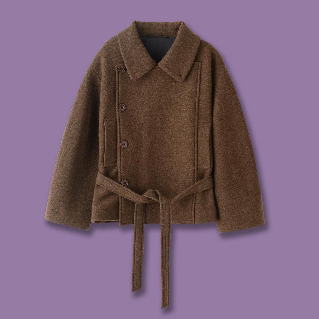 Retro Camel-Hair Short Wool Coat with Belt