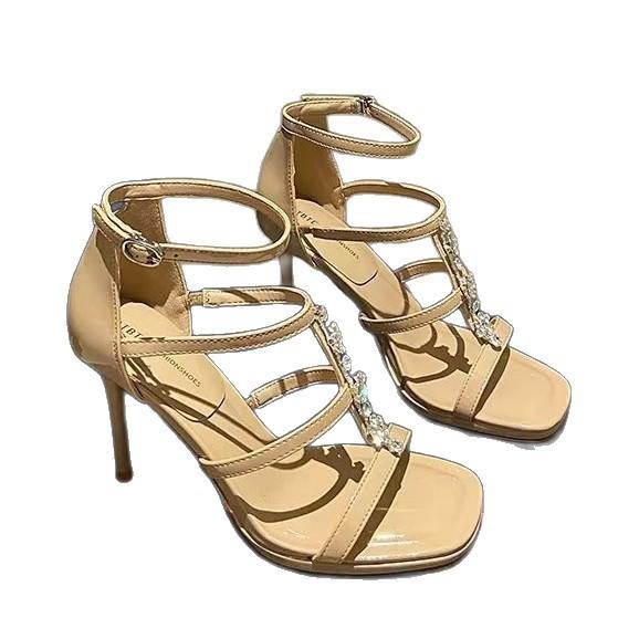 2025 Summer New French Fairy Style Sandals Female Open-toed Rhinestone One-word Buckle Strap Thick Heel Temperament High Heels Female