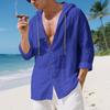 Mens Linen Hooded Long Sleeve Open Front Casual Beach Shirt
