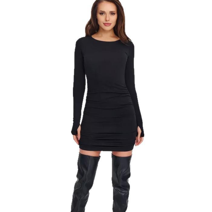 European & American Style Slim-Fit Solid Color Knitted Ruched Dress with Long Sleeves for Autumn & Winter