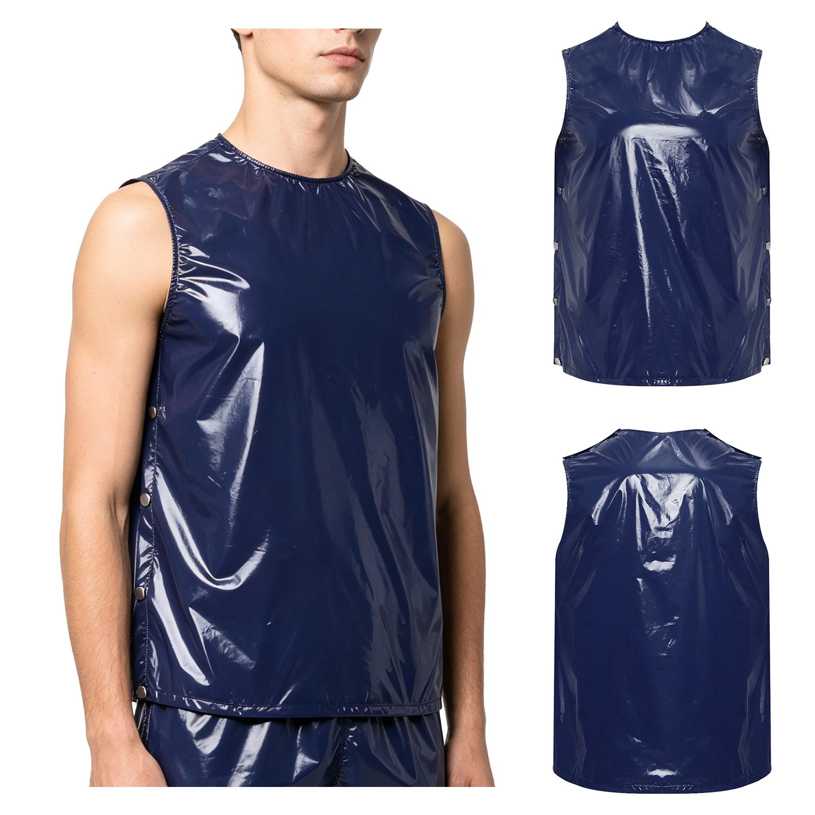 Herren Vinyl Wasserdicht Wiederverwendbar Oberteile Rundhals Ärmellos Tanktops Druckknöpfe Seiten S beige