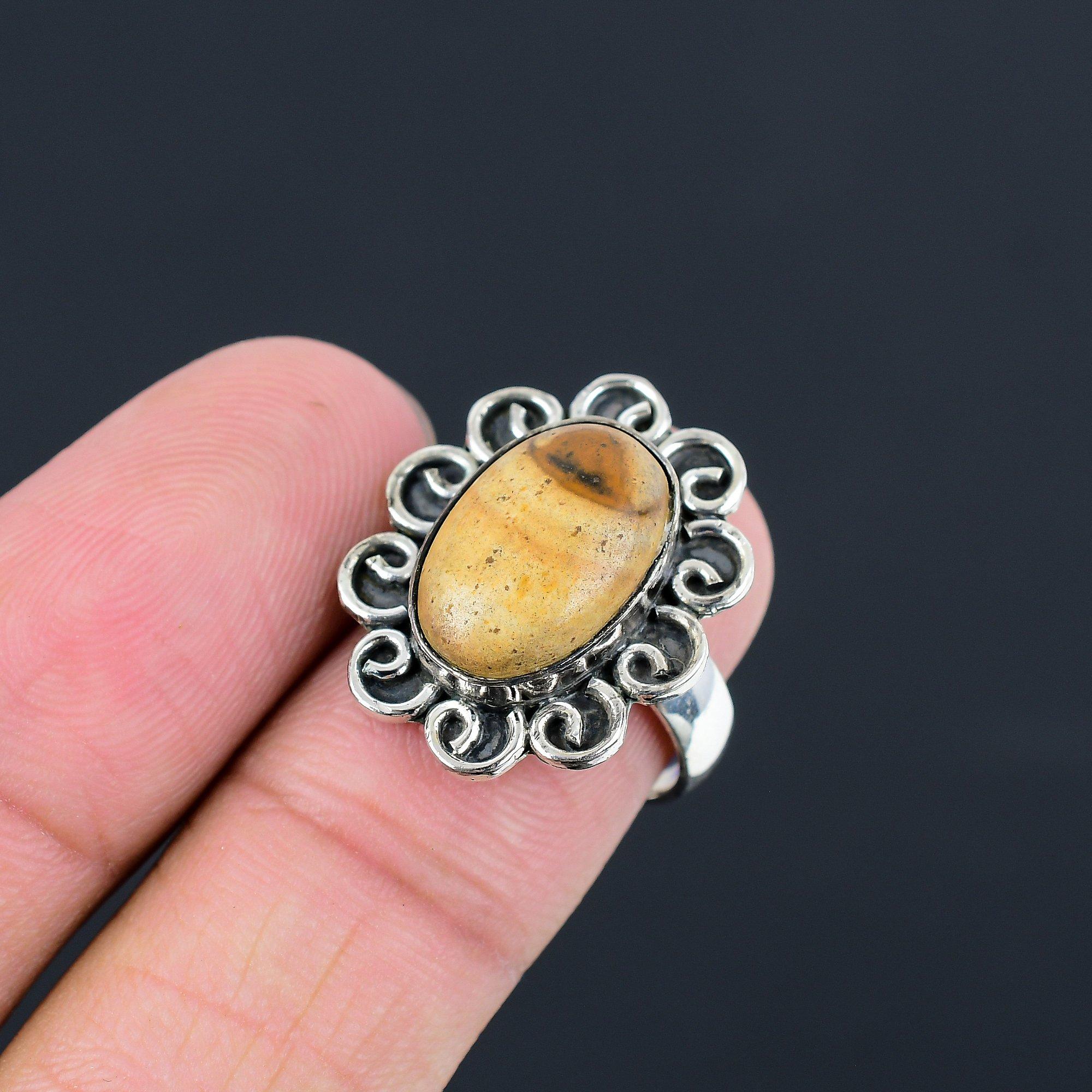 Oval Natural Picture Jasper Sterling Silver Stackable Mother Ring Jewelry Size 8 8