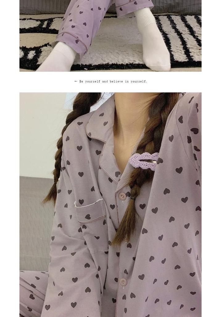 Korean Style Women's Heart Pajamas - Long Sleeve & Pants, Spring/Autumn Casual Wear