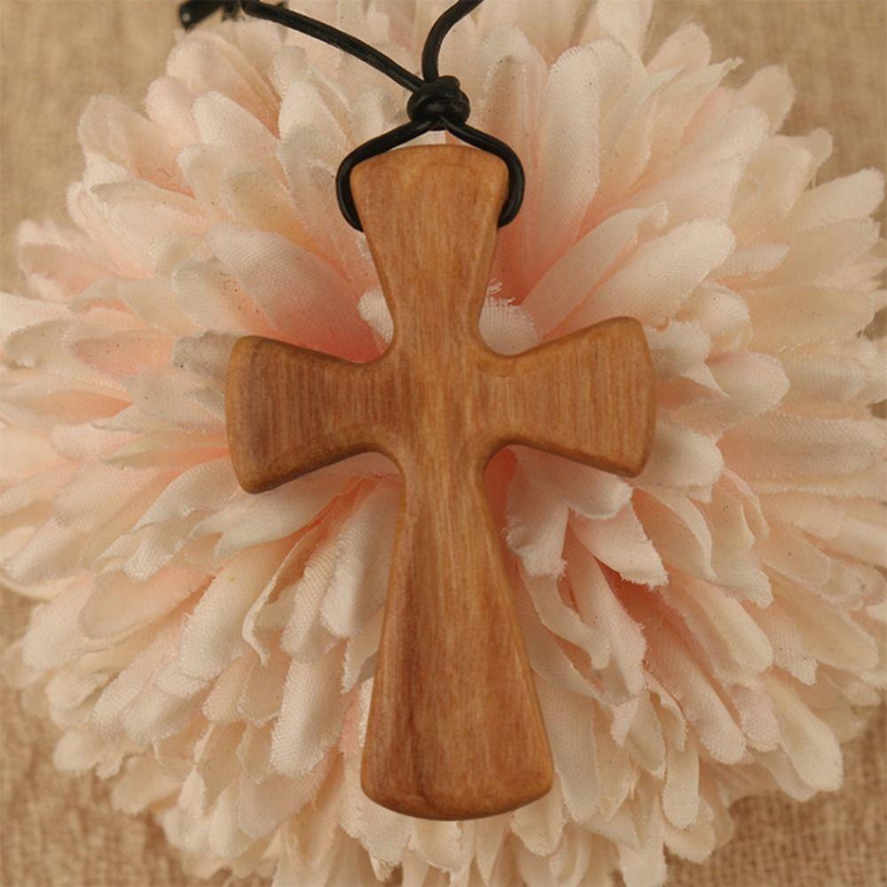 Leather Rope Cross Necklaces Hand-carved Neckchain for Prayer Funny Cross Pendant Anniversary