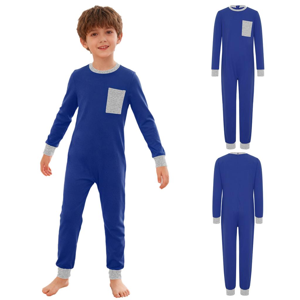 Children’s Special Needs Clothing Long Sleeve Round Neck Jumpsuit Anti-Strip Back Hidden Zipper Contrast Color with Utility Pocket