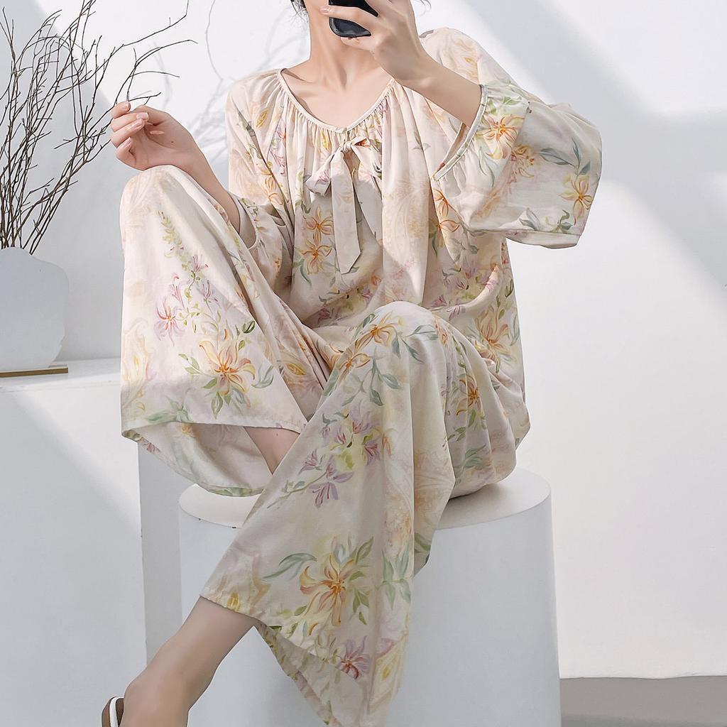 Cotton and silk family 1011 new cotton silk pajamas women's spring and autumn loungewear suit women can wear casual long-sleeved trousers