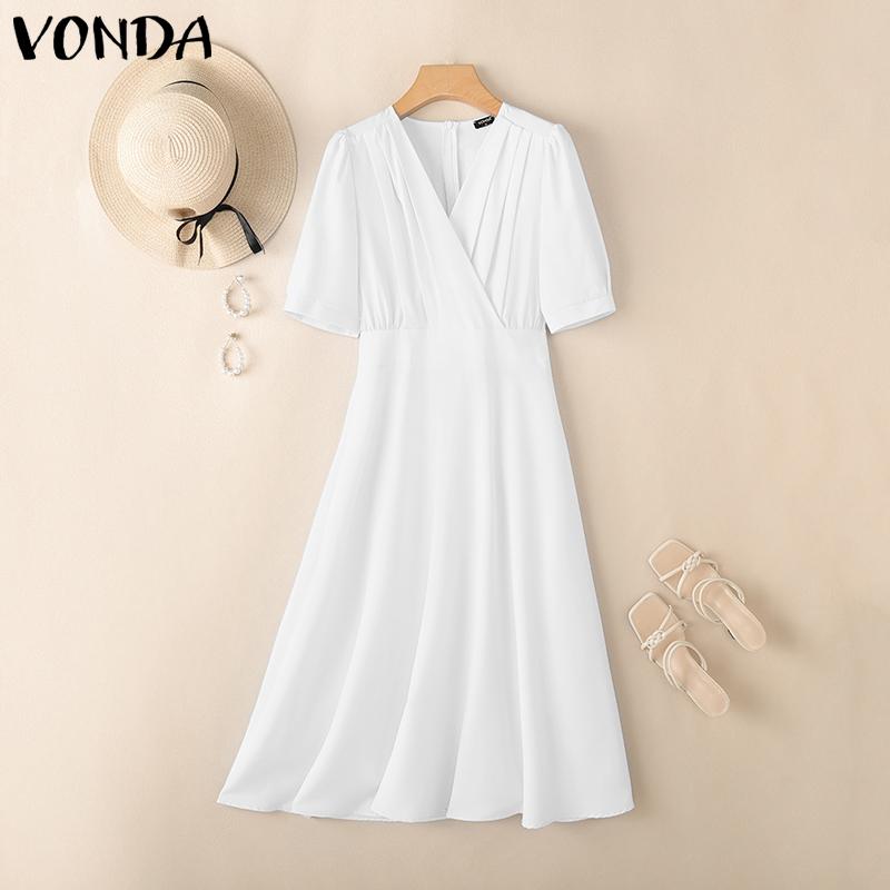 

VONDA Женское офисное платье повседневное с V-образным вырезом, приталенное, полупрозрачное, расклешенное, макси-платье M белый