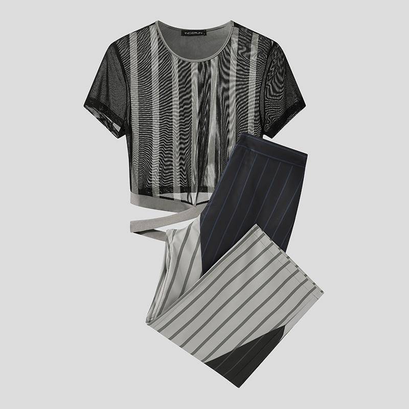 

INCERUN Men Sets Short Sleeve Striped Mesh Sheer Crop Tops Elastic Waist Long Pants 2PCS 5XL серый