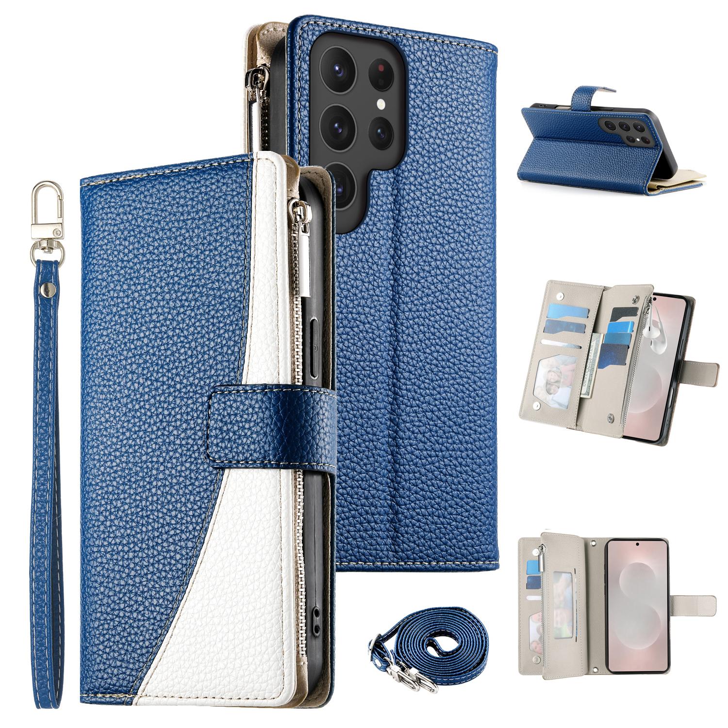 

For Samsung Galaxy S25 Ultra Case Zipper Wallet Color Splicing Leather Flip Phone Cover with Straps Dark Blue