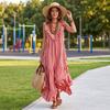 Women's Bohemian Striped Maxi Dress with Ruffle V-Neck Sleeveless Loose Fit for Vacation Travel