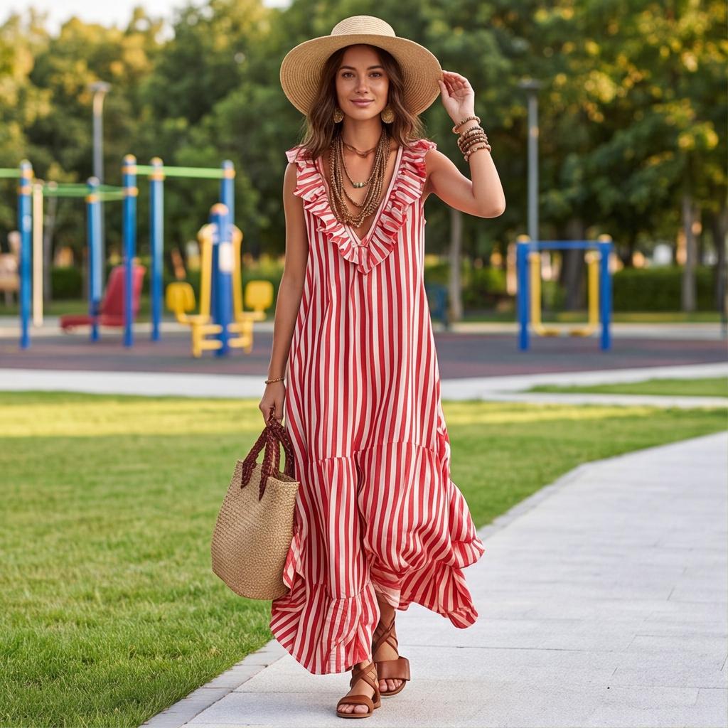 Women's Bohemian Striped Maxi Dress with Ruffle V-Neck Sleeveless Loose Fit for Vacation Travel