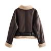 VAYLA Women Retro Loose Spliced Faux Leather Soft Fur Short Jacket Winter Female Zipper Belt Coat Vintage Outwear