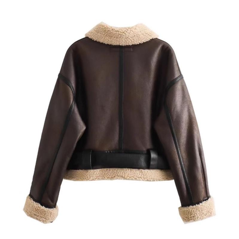 VAYLA Women Retro Loose Spliced Faux Leather Soft Fur Short Jacket Winter Female Zipper Belt Coat Vintage Outwear