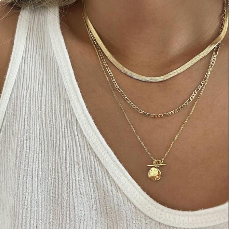 

Women Gold Plated Three Layer Stackable Minimalist Chain Pendant Necklace Set 1pcs золотой