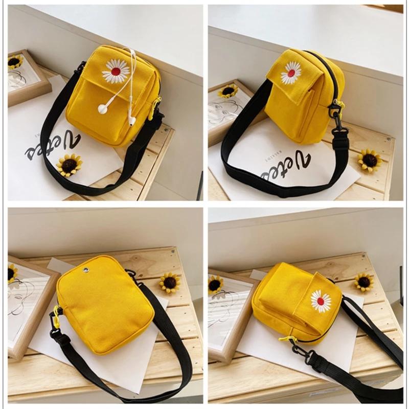 Women's Single Shoulder Bag Fashion Solid Color Casual Handbag Outdoor Daisy Canvas Handbag Zipper Cross-body Bag Messenger Bag