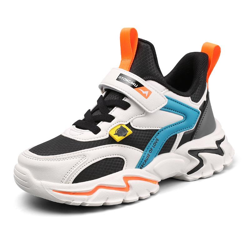 Boys' Autumn New Mesh Leather Splicing Sports Shoes Middle and Older Children's Students Solid Soft-soled Basketball Shoes Are Handsome and Trendy