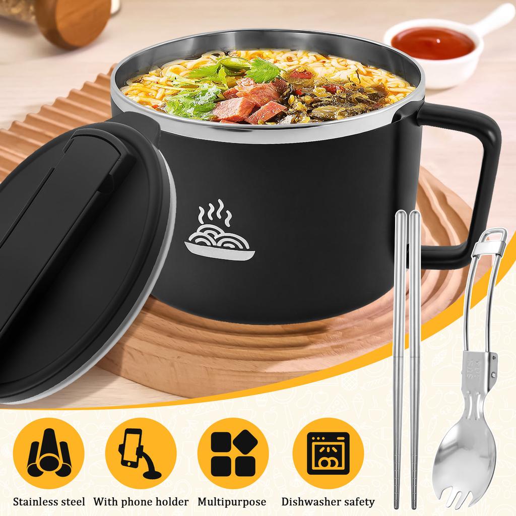 Stainless Steel Noodle Bowl Double Hollow Ramen Bowl 1200ml Large Capacity Instant Noodle Cup Good Sealing for Home Outdoor