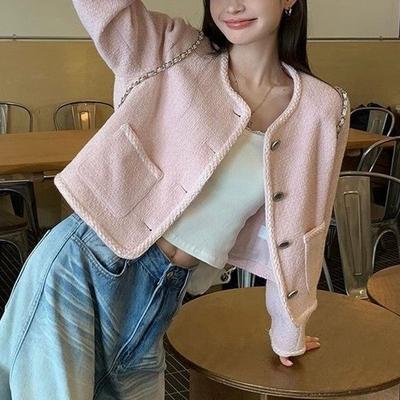 Socialite Sweet Short Jackets Autumn Winter Casual O-Neck Women's Clothing Single-breasted Commute Fashion Pockets Spliced Coats
