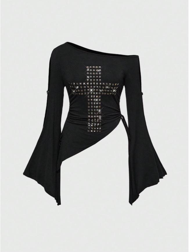 Asymmetrical Rivet Off-Shoulder Pleated Waist Top for Women Small