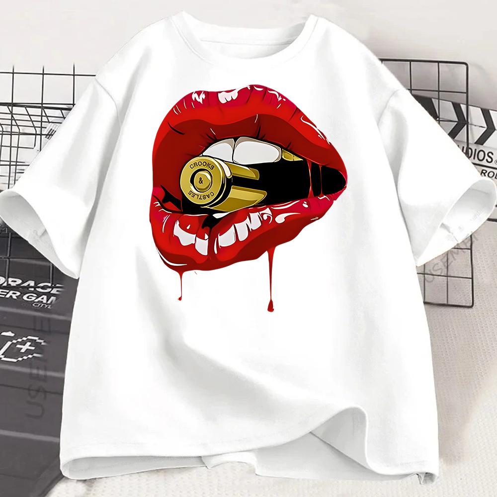 Rosa Glitzer Lippen Grafikdruck T-Shirt Unisex S Kleidung Luxuriöses Make-up T-Shirt Haut Frau Ästhetische Kleidung T-Shirt Großhandel
