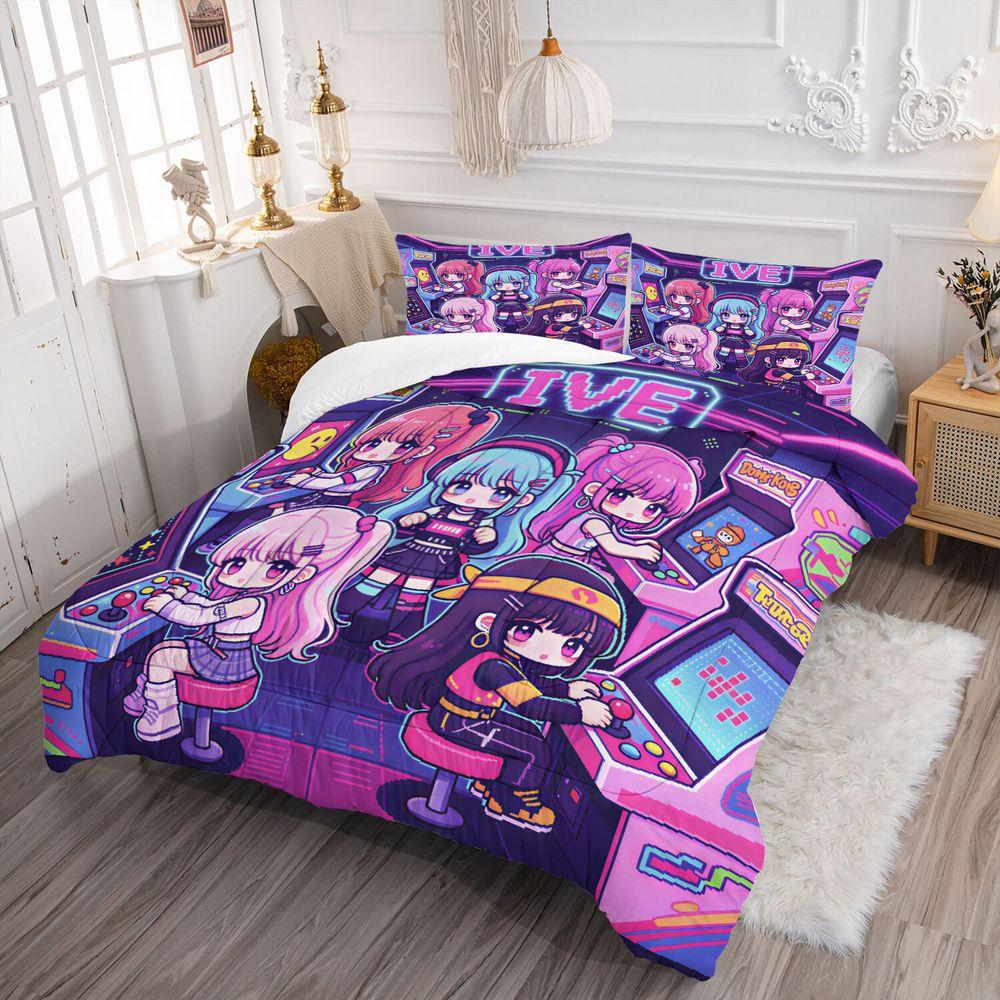 Arcade Pixel Cartoon Girls Print Comforter Set Quilt Bedding Set Pillowcase Game Room Teen Bedding Decor
