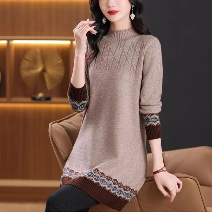 Half Turtleneck Knitted Sweater Women's Color Block Loose Mid-length Sweater Knitted Sweater Long-sleeved Casual Pullover Autumn and Winter Top