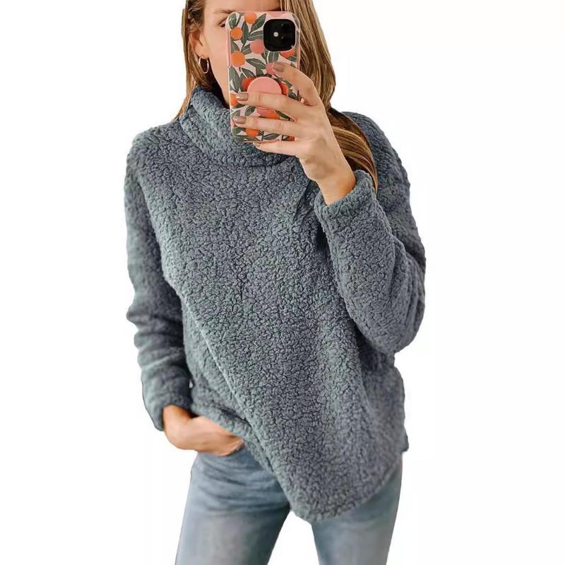 Autumn Winter Hoodies & Sweatshirts Women's Fur High Neck Solid Color Hoodie Plush Top Women