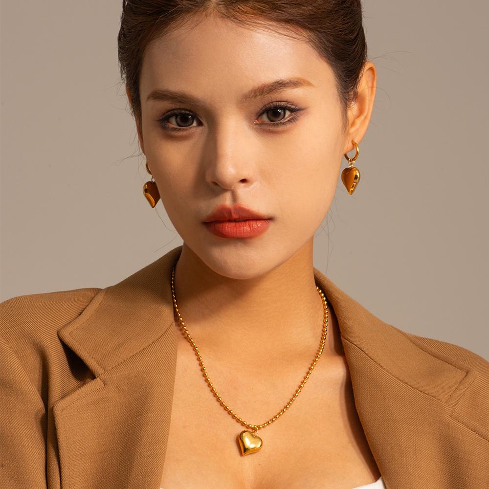 Yori Stainless Steel Metal Heart Pendant Earrings 18K Gold PVD Plated Modern Daily Jewelry for Women Charm Gift Rust Proof