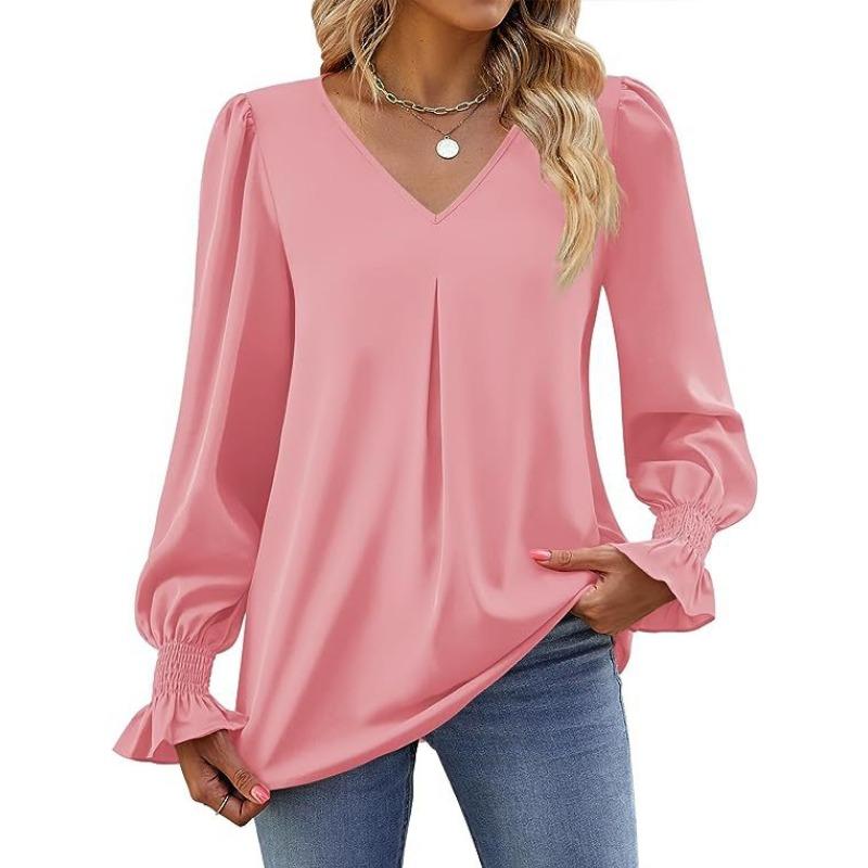 V-neck Pullover Chiffon Shirts Flared Long-sleeved Women's Blouses & Shirts
