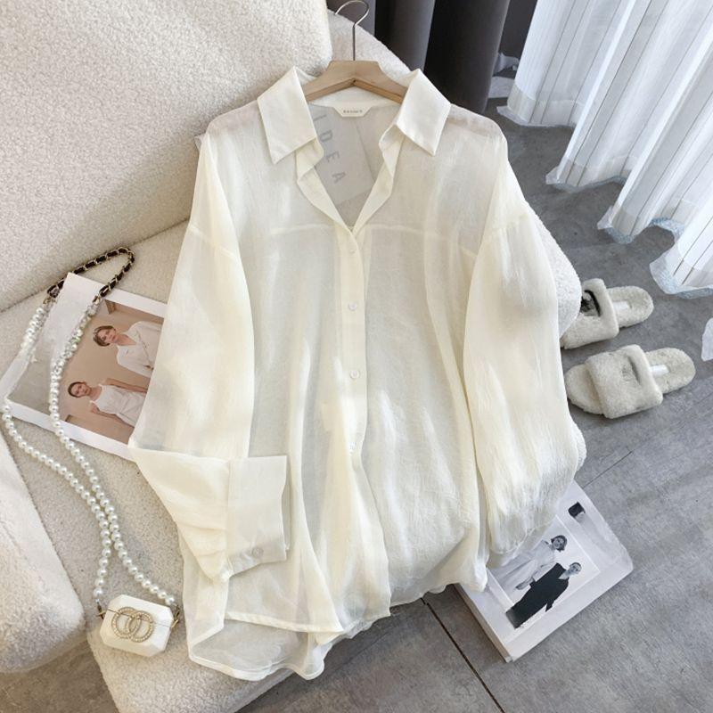 Womens Summer Loose Fit Shirt Ice Silk Print Long Sleeve Open Front Casual Blouse Lightweight Outwear