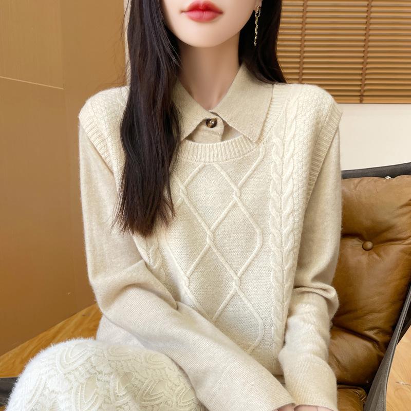 Осенний женский жилет, вязаный жилет, жилет-пуловер, жилет с круглым вырезом на плечах, жаккардовый свободный жилет S бежевый