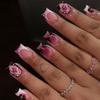 24PCS Sweet Pink Flowers French False Nails Colorful Dopamine Stripes Strawberry Short Square Press On Nails Full Cover Wearable