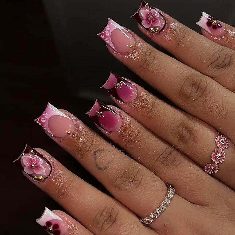 24PCS Sweet Pink Flowers French False Nails Colorful Dopamine Stripes Strawberry Short Square Press On Nails Full Cover Wearable